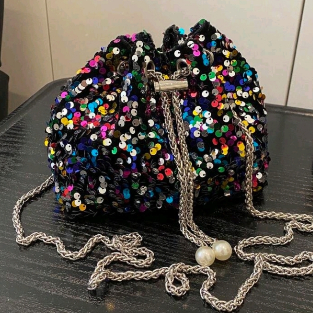 Sequin Drawstring Multicolor Bucket Bag With Chai… - image 6